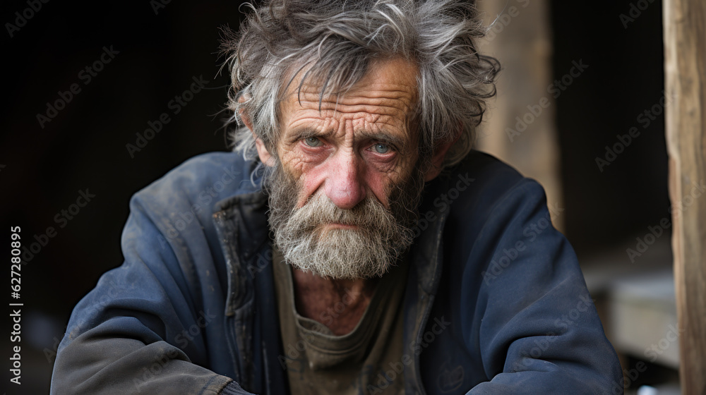 Elderly Homeless Man with Gray Hair in Urban Setting