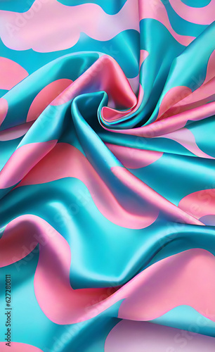 Beautiful light pink blue silk satin surface. Soft folds on shiny fabric. Pink aqua silk fabric satin. Luxury teal background with space for text  design. Web banner. Generative Ai.