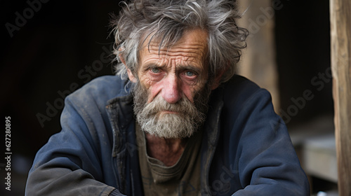 Elderly Homeless Man with Gray Hair in Urban Setting © ArgitopIA