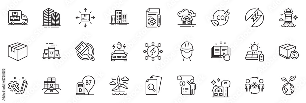Icons pack as Diesel station, Windmill and Inspect line icons for app include Delivery timer, Skyscraper buildings, Co2 gas outline thin icon web set. Brush, Save planet, Solar panel pictogram. Vector