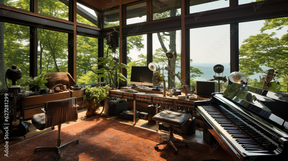 Fototapeta premium The home recording studio with an expansive window offering a panoramic view of nature for creative inspiration. Generative AI