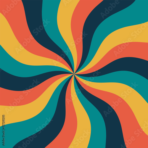 70s retro wavy background. Vintage colorful sunburst backdrop. Geometric starburst summer pattern. Sun rays swirl radial lines. Psychedelic hypnotic spiral wallpaper. Twirl banner Vector illustration  photo