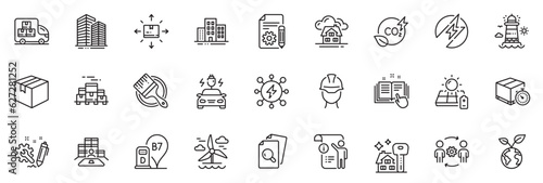 Icons pack as Diesel station, Windmill and Inspect line icons for app include Delivery timer, Skyscraper buildings, Co2 gas outline thin icon web set. Brush, Save planet, Solar panel pictogram. Vector