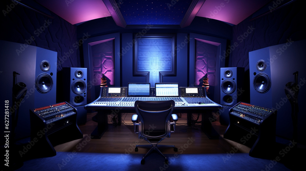 A visually stunning shot of the sound booth with adjustable LED lighting to set the right mood for recording. Generative AI A visually stunning shot of the sound booth with adjustable LED lighting to set the right mood for recording. Generative AI
