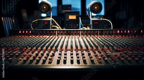 The recording studio's mixing desk showcasing rows of tactile faders and rotary knobs for precise adjustments. Generative AI
