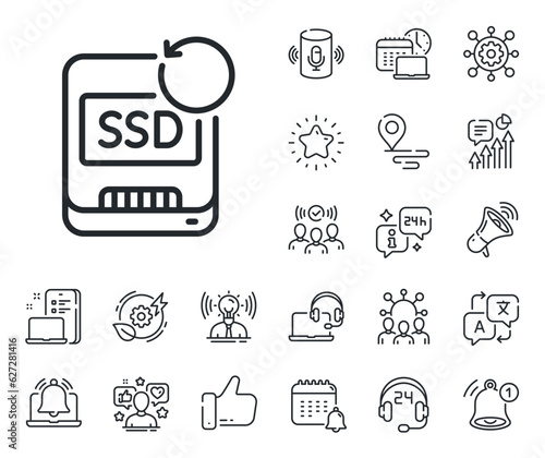 Backup data sign. Place location, technology and smart speaker outline icons. Recovery ssd line icon. Restore information symbol. Recovery ssd line sign. Influencer, brand ambassador icon. Vector