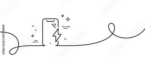 Smartphone charging line icon. Continuous one line with curl. Phone charge sign. Mobile device energy symbol. Smartphone charging single outline ribbon. Loop curve pattern. Vector