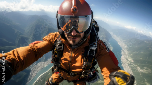 base jumper taking a selfie while descending. Generative AI