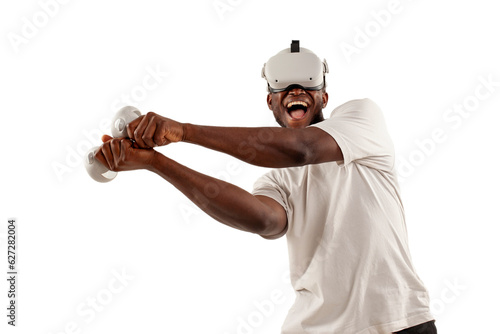 african american male boxer plays and fights in virtual reality glasses on white isolated background