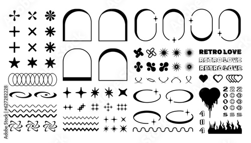 Retro shapes and frames, y2k graphic design elements, vector collection of 2000s graphic geometric forms, signs and symbols.