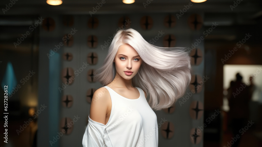 Stylish hairstyle done in a beauty salon, Beautiful girl with hair ultra blond, Makeup and stylish hairstyle, Fashion.