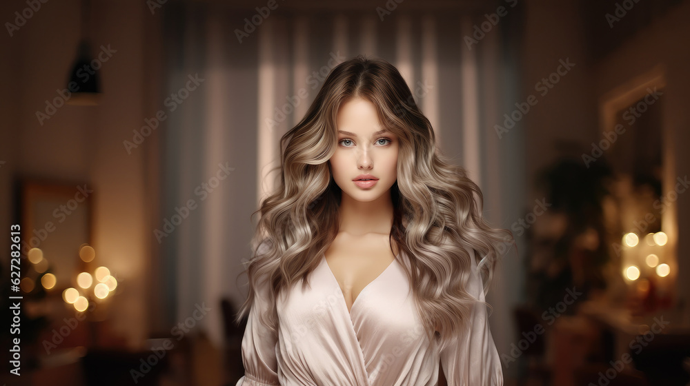 Beautiful girl with lush curly hairstyle, Fashion, Long and shiny wavy Hair.