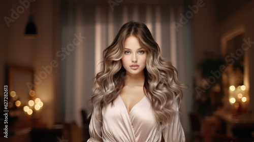 Beautiful girl with lush curly hairstyle, Fashion, Long and shiny wavy Hair.
