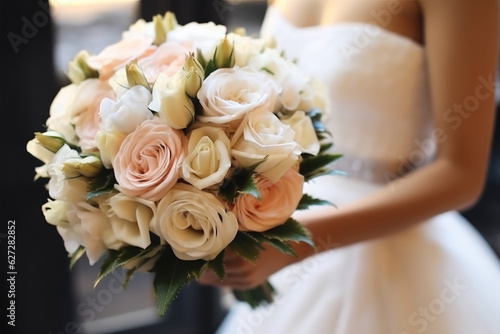 The bride in a luxurious expensive elegant dress holds a wedding bouquet in her hands.