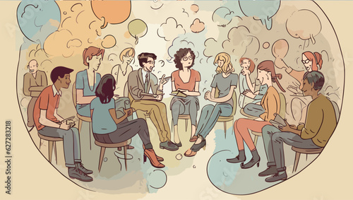 vector art of different types people group discussing. social family 