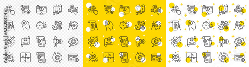 Set of Idea bulb, Dividers tools and Blueprint linear icons. Engineering line icons. Cogwheel, calculate price, mechanical tools. Idea bulb with cog, architect dividers, engineering people. Vector
