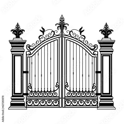 Metal gate sketch. Vector illustration of decorative forging of a two-door garden gate