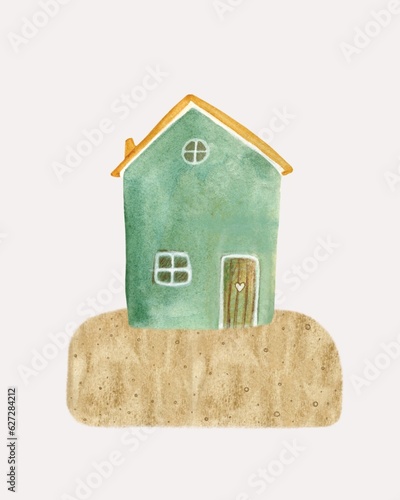 Original  watercolor illustration cute house is hand drawn for design and print photo