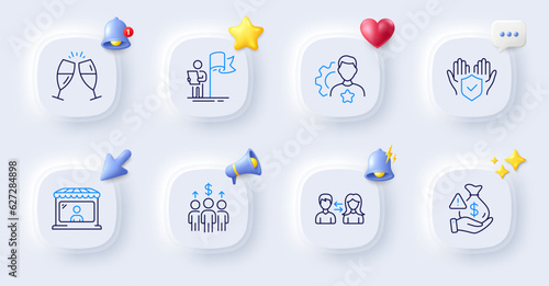 Champagne glasses, Brand and Market seller line icons. Buttons with 3d bell, chat speech, cursor. Pack of Insurance hand, People communication, Bribe icon. Leadership, Meeting pictogram. Vector
