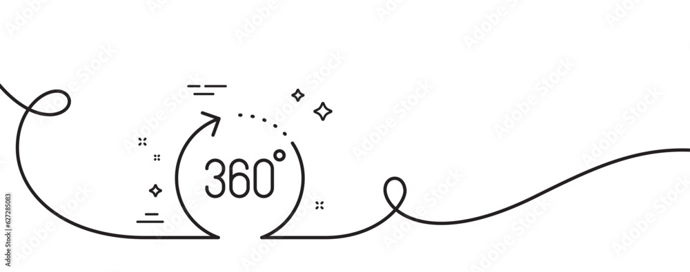 360 degrees line icon. Continuous one line with curl. Panoramic view sign. VR technology simulation symbol. 360 degrees single outline ribbon. Loop curve pattern. Vector