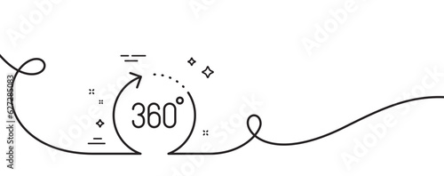 360 degrees line icon. Continuous one line with curl. Panoramic view sign. VR technology simulation symbol. 360 degrees single outline ribbon. Loop curve pattern. Vector
