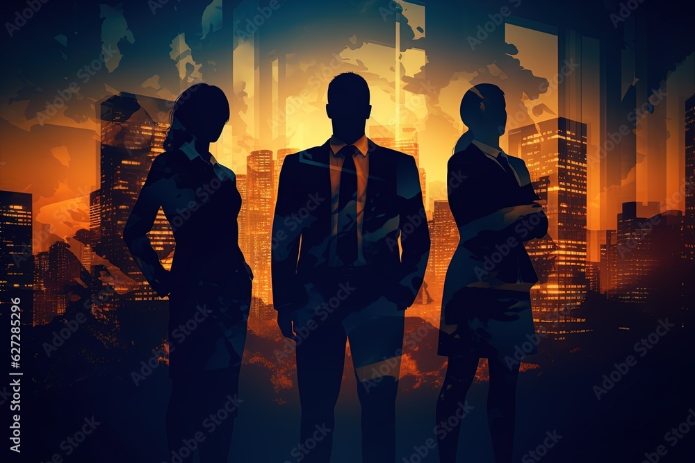 Silhouettes of business people standing in front of the city background.Generative Ai