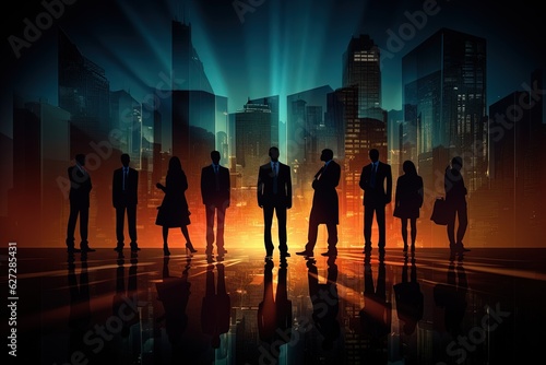 Silhouettes of business people standing in front of the city background.Generative Ai