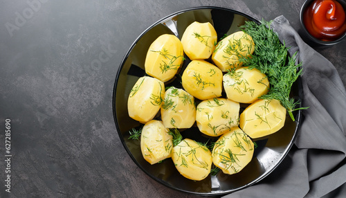 Delicious boiled potatoes with dill in a black plate on a dark background. Top view.