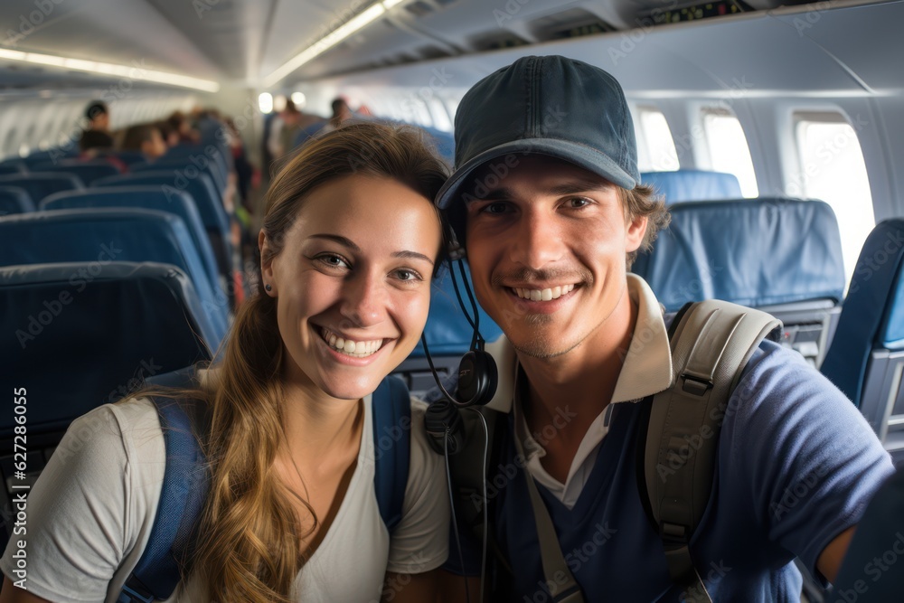 Air travel selfie: Onboard adventure, inside the passenger plane