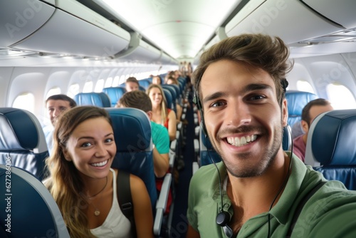 Air travel selfie: Onboard adventure, inside the passenger plane