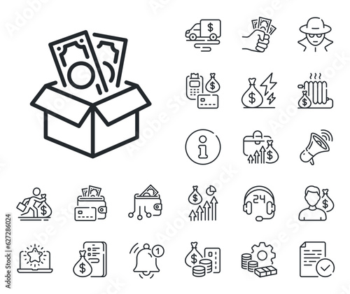 Money fraud crime sign. Cash money, loan and mortgage outline icons. Bribe line icon. Cash box symbol. Bribe line sign. Credit card, crypto wallet icon. Inflation, job salary. Vector