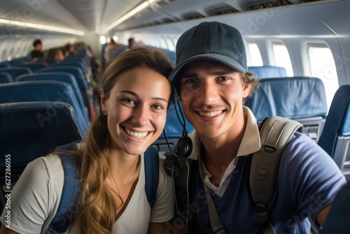 Air travel selfie: Onboard adventure, inside the passenger plane