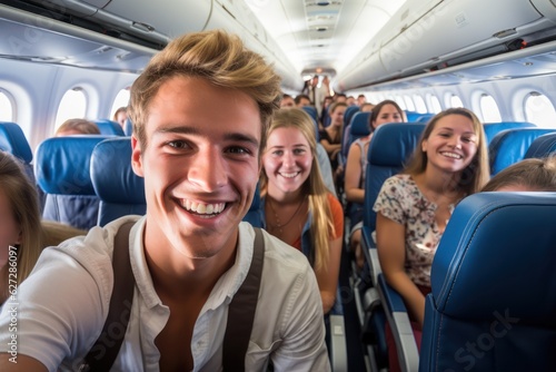 Air travel selfie: Onboard adventure, inside the passenger plane