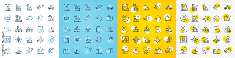 Vector icons set of Maze, Packing boxes and Delivery location line icons pack for web with Journey, No handbag, Parcel shipping outline icon. Charging station, Online storage. Vector