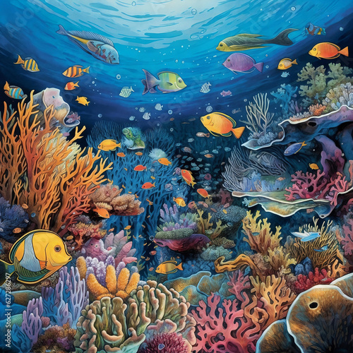 Underwater landscape, coral reef and fishes. Generative AI