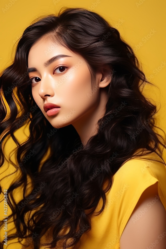 Naklejka premium Close-up portrait of young asian beauty woman with curly hair