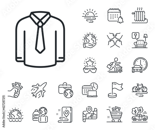 Male dress shirt sign. Plane jet, travel map and baggage claim outline icons. Shirt line icon. Business wear symbol. Shirt line sign. Car rental, taxi transport icon. Place location. Vector