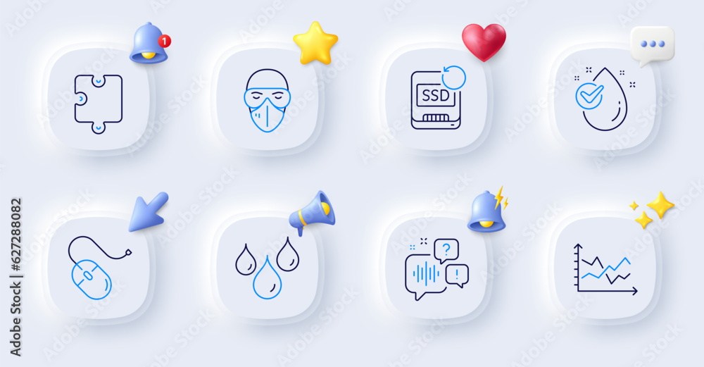 Diagram chart, Computer mouse and Water drop line icons. Buttons with 3d bell, chat speech, cursor. Pack of Waterproof, Recovery ssd, Medical mask icon. Puzzle, Voicemail pictogram. Vector Diagram chart, Computer mouse and Water drop line icons. Buttons with 3d bell, chat speech, cursor. Pack of Waterproof, Recovery ssd, Medical mask icon. Puzzle, Voicemail pictogram. Vector