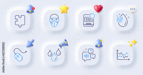 Diagram chart, Computer mouse and Water drop line icons. Buttons with 3d bell, chat speech, cursor. Pack of Waterproof, Recovery ssd, Medical mask icon. Puzzle, Voicemail pictogram. Vector