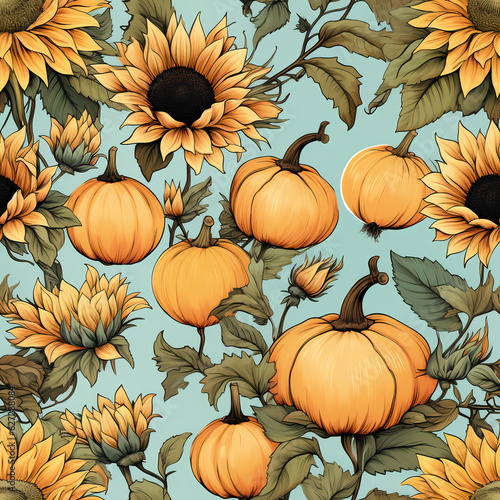 Pumpkins in flowers Seamless