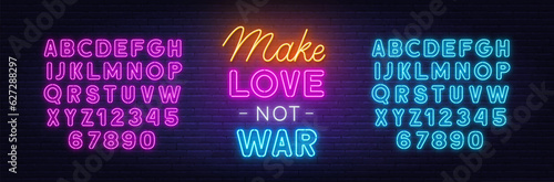 Εκτύπωση καμβά Make love not war neon lettering on brick wall background.