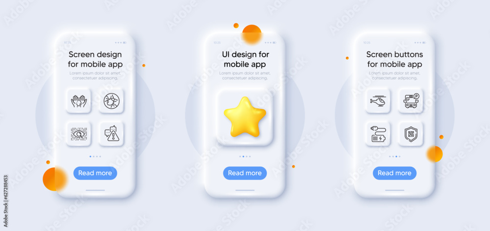 Bus parking, Qr code and Warning line icons pack. 3d phone mockups with star. Glass smartphone screen. Wash hands, Bed bugs, Artificial intelligence web icon. Battery, Helicopter pictogram. Vector