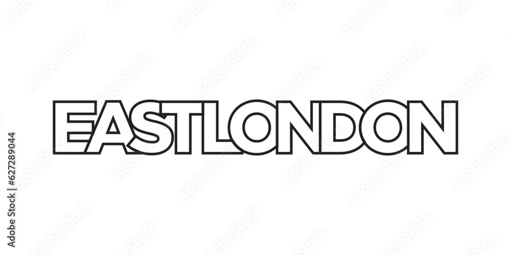 East London in the South Africa emblem. The design features a geometric style, vector illustration with bold typography in a modern font. The graphic slogan lettering.