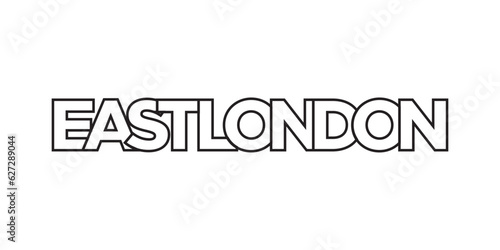 East London in the South Africa emblem. The design features a geometric style, vector illustration with bold typography in a modern font. The graphic slogan lettering.