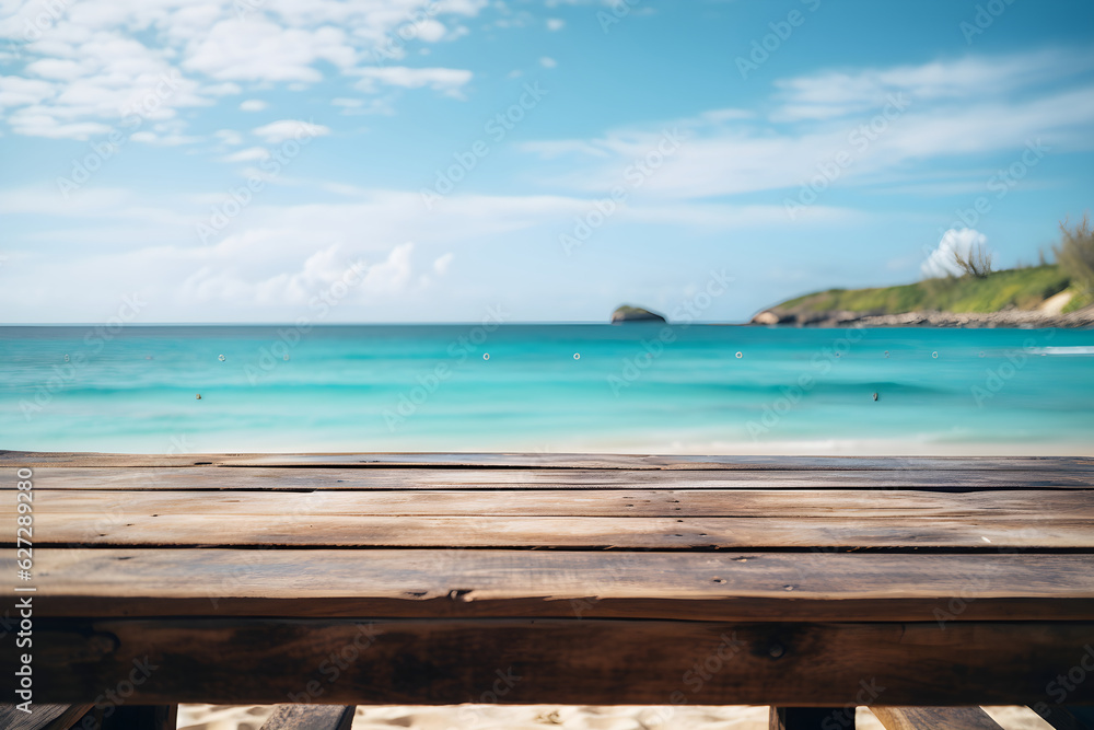 Empty Wooden Table with Coastal Background, Vacation Vibe Product Showcase