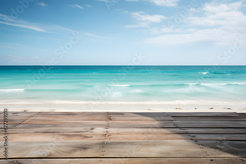 Empty Wooden Table with Beach and Sea View