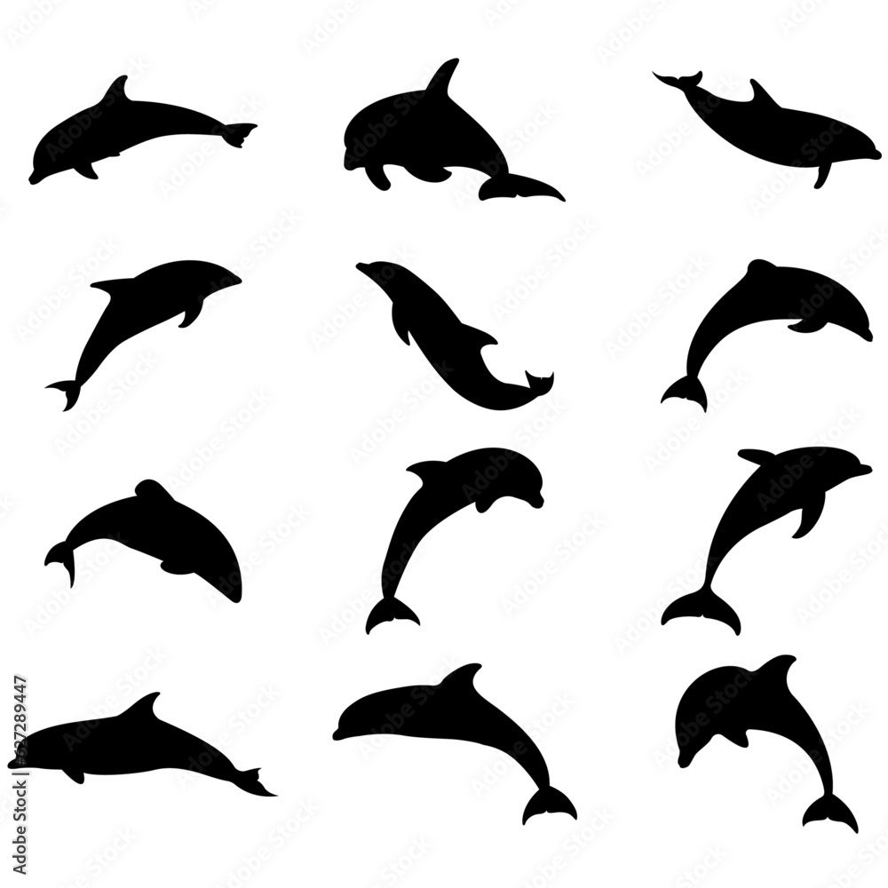 Naklejka premium Dolphin silhouettes set, Dolphin svg, Jumping Dolphin Svg, Dolphin cut file, Dolphin Clipart