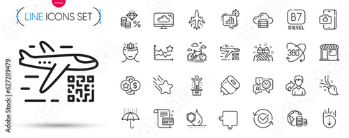 Pack of Falling star, Qr code and Waterproof umbrella line icons. Include Statistics timer, Gift, Brush pictogram icons. Budget, Waterproof, Money tax signs. Ranking stars, Cloud server. Vector