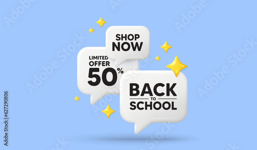 Back to school tag. 3d offer chat speech bubbles. Education offer. End of vacation slogan. Back to school speech bubble 3d message. Talk box stars banner. Vector