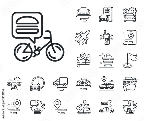 Contactless meal order sign. Plane, supply chain and place location outline icons. Food delivery bike line icon. Grocery delivery symbol. Food delivery line sign. Vector